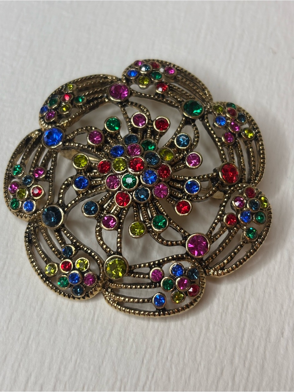 Vintage-Inspired Multicolor Crystal Flower Brooch